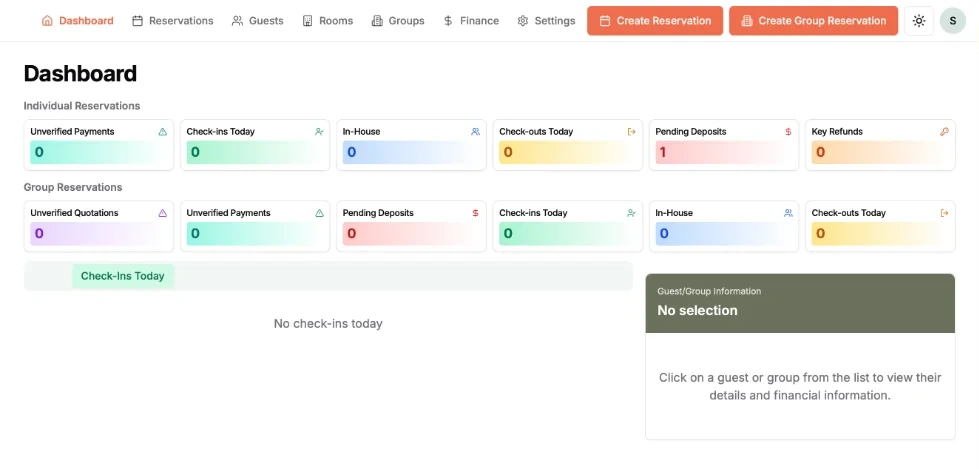 SimplyGMS internal dashboard showing resort occupancy, folios and outstanding payments